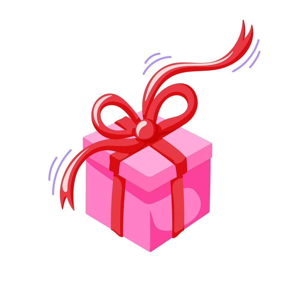 Pink gift box in cartoon style. Present box with the red bow. Vector illustration isolated on a white background.