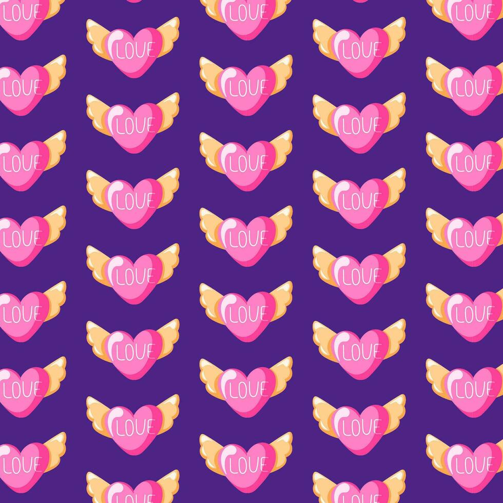 Seamless pattern pink heart with wings in cartoon style. Valentines Day textile design, background, wrapping paper, wallpaper. Vector illustration.