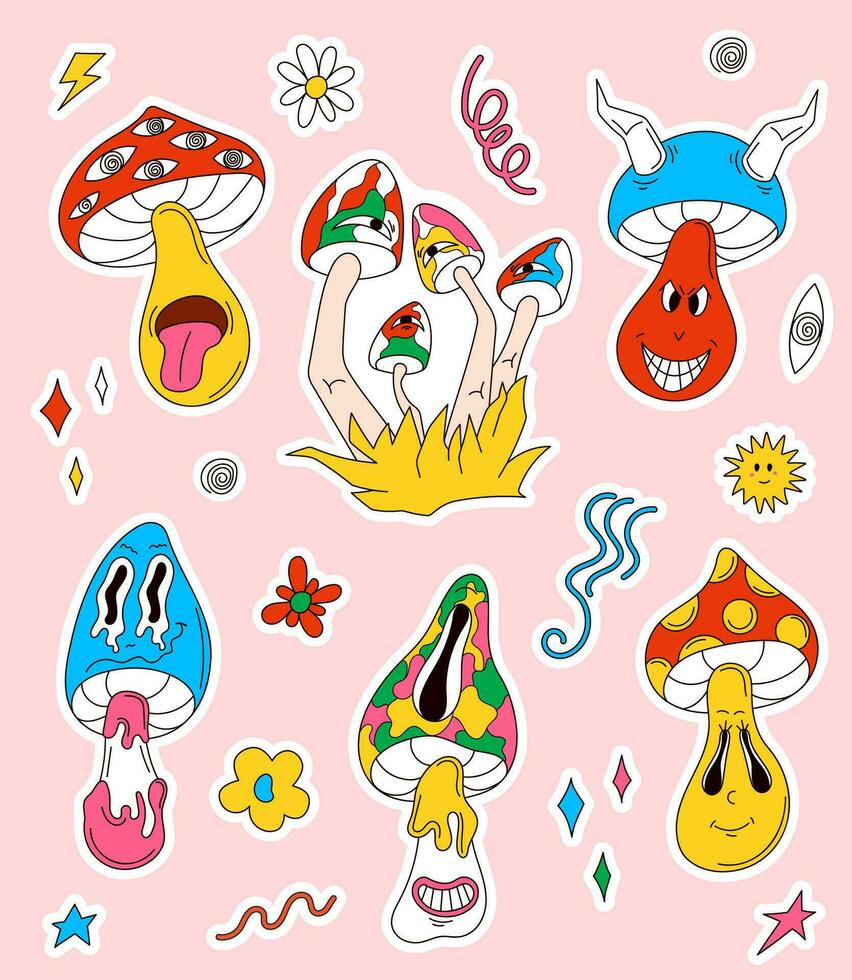 Mushroom groovy character sticker set in cartoon style. Psychedelic characters collection with retro elements and funny faces. Trippy surreal mushrooms. Vector illustration isolated on a pink