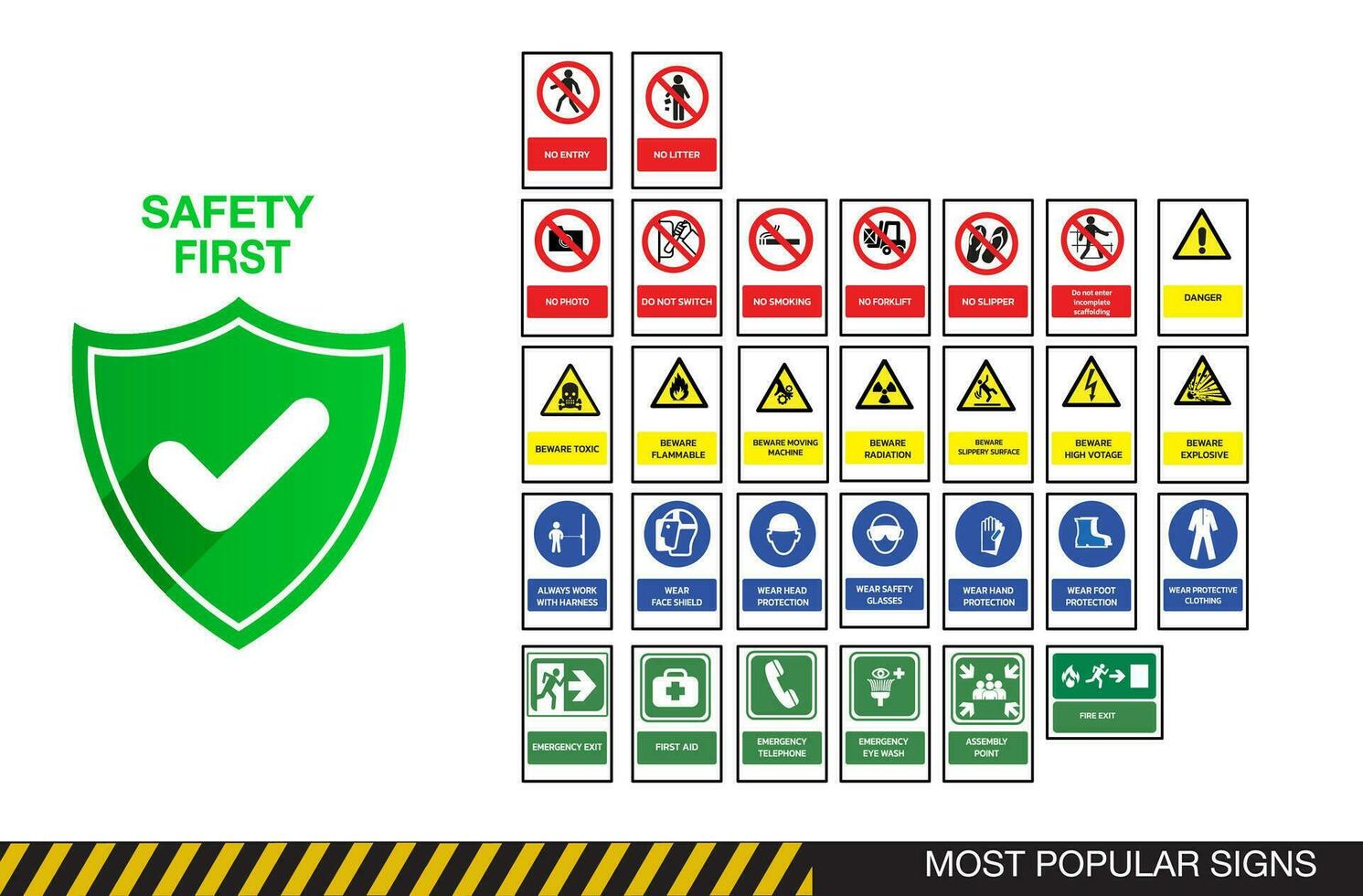 Popular safety signs , prohibition, mandatory action, warning, safe condition, fire Safety signs vector