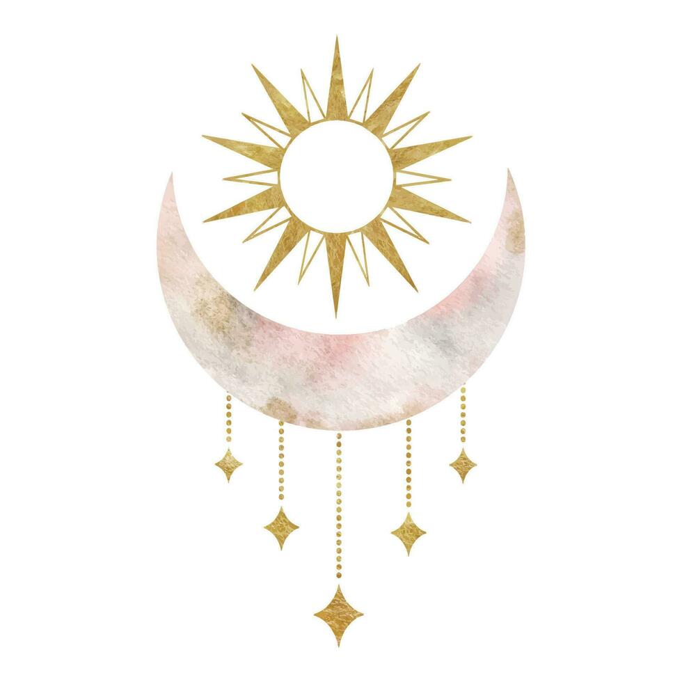 Crescent moon and sun. Esoteric signs and symbols. Watercolor illustrations on the topic of astrology and esotericism. Isolated. Minimalistic illustration for design, print, fabric or background. vector