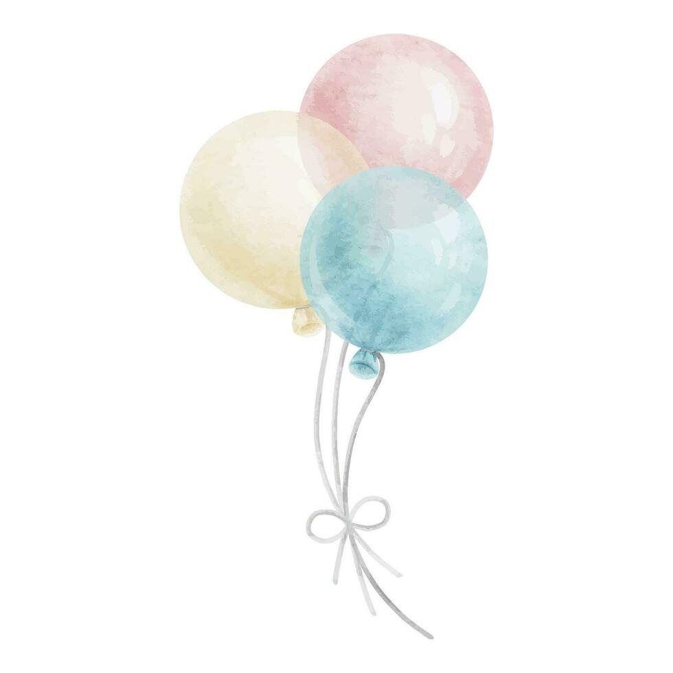 Bunch of colorful air balloons. Watercolor illustration. Isolated. Birthday party concept. Element for design cards, invitations, backgrounds,scrapbooking, packing, kids goods, kid's shop, baby shower vector
