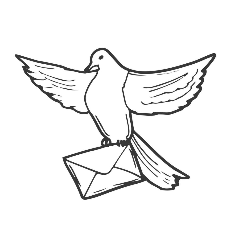 Pigeon carries letter message from envelope line art vector