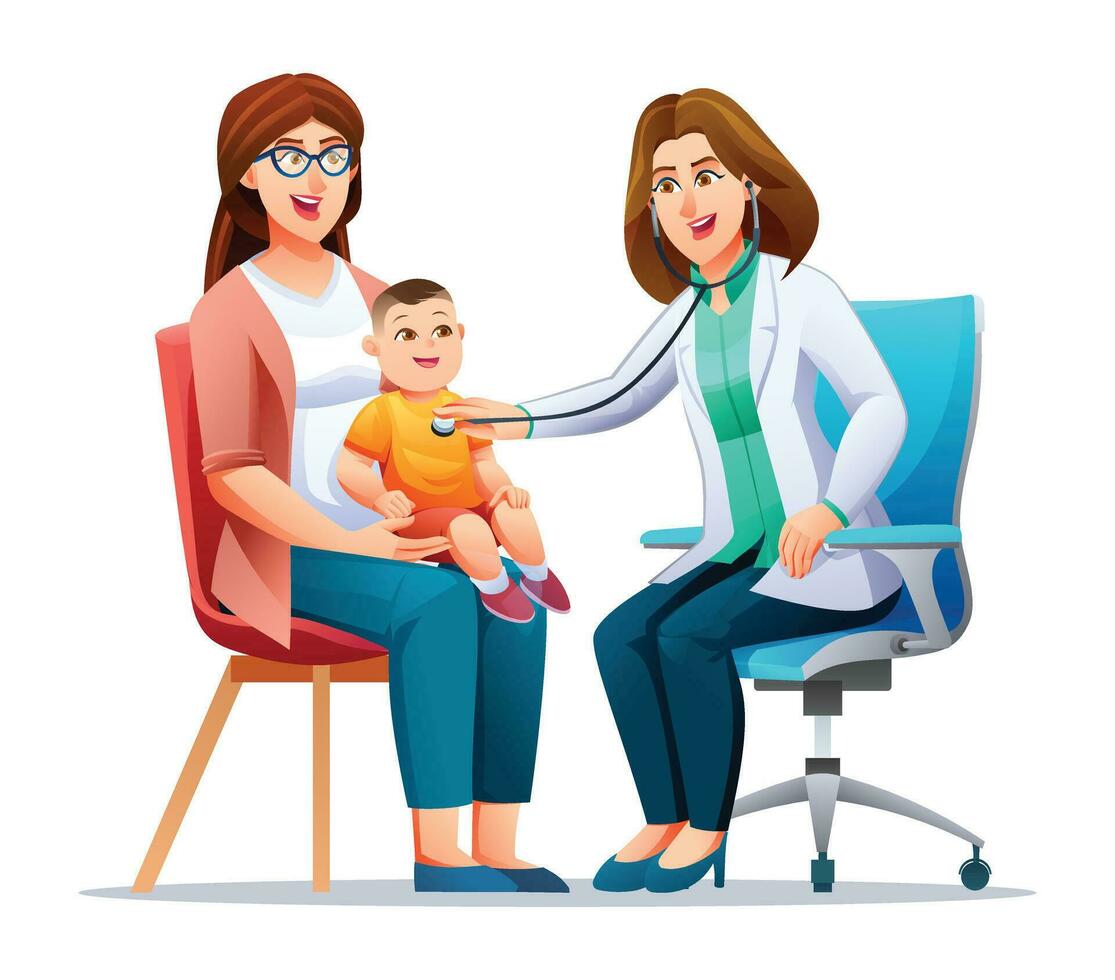 Woman doctor examining a little boy who sits on her mother's lap by stethoscope. Vector cartoon character illustration