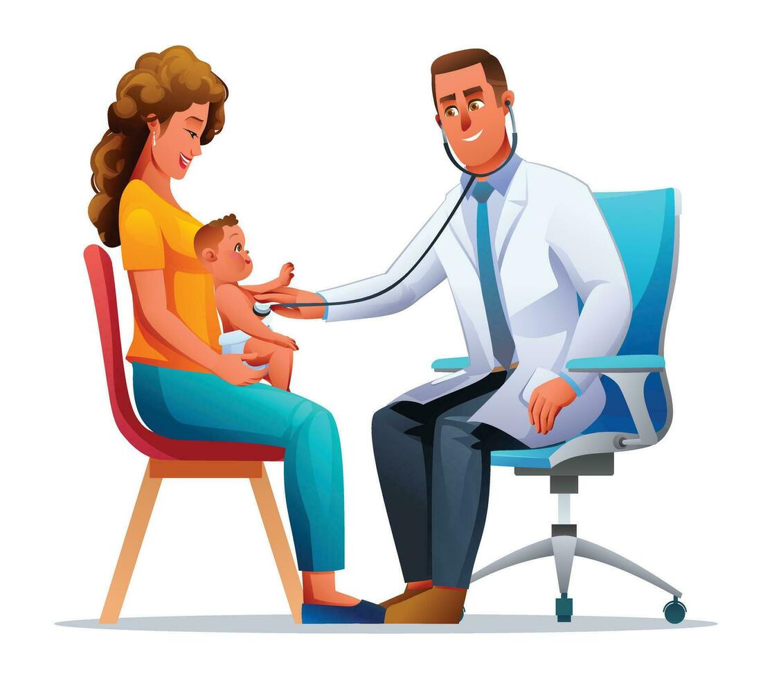 Pediatrician examining a little boy sitting on his mother's lap with a stethoscope. Vector cartoon character illustration