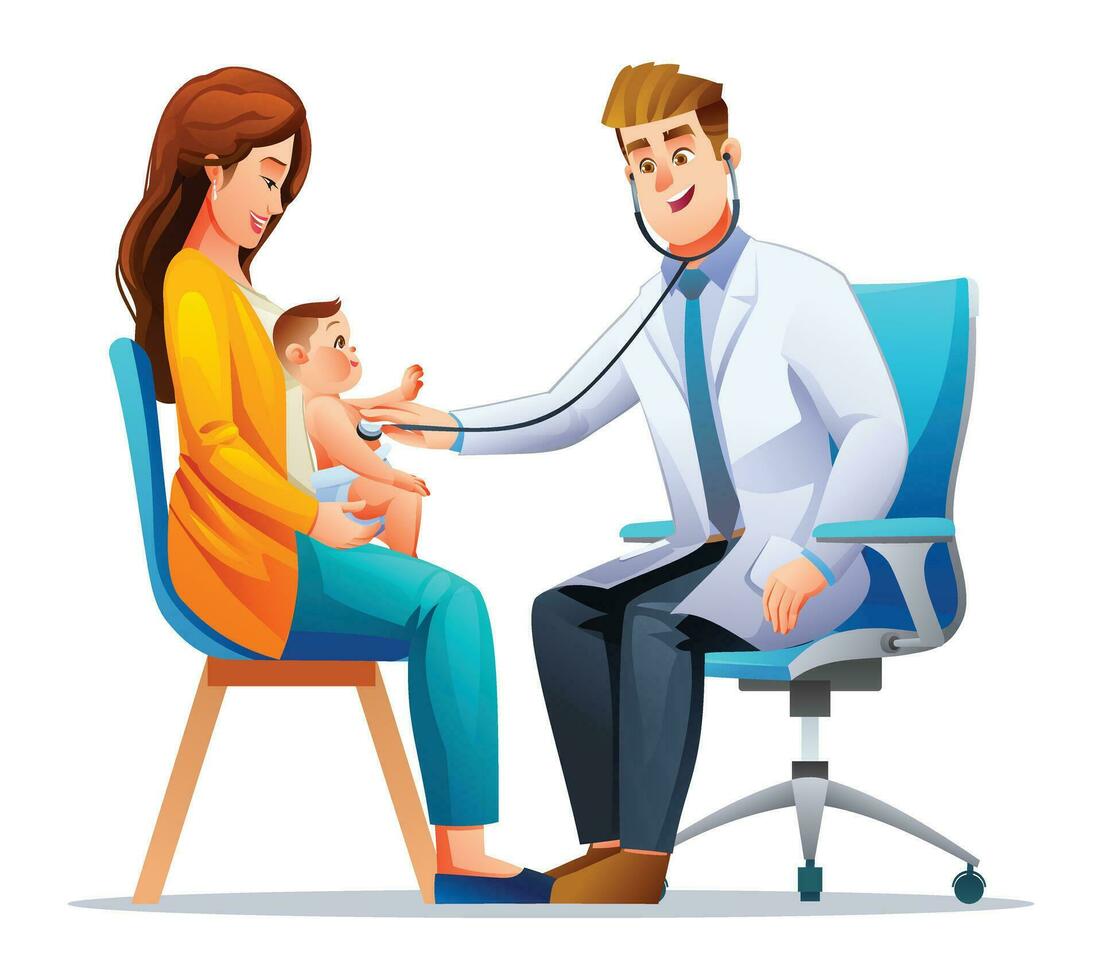 médico examina el cofre de un pequeño chico sentado en su de la madre regazo con un estetoscopio. vector dibujos animados personaje ilustración