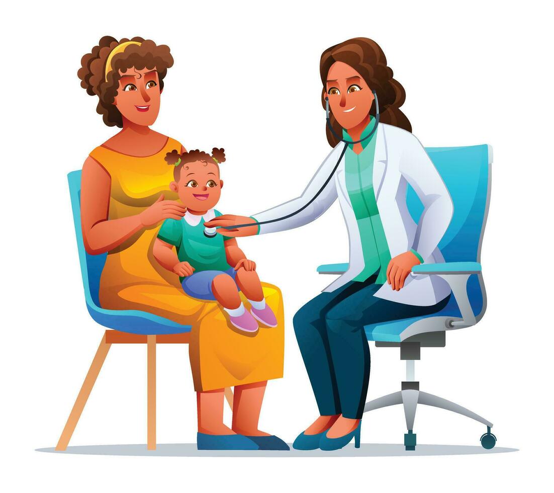 Pediatrician examining a little girl sitting on his mother's lap with a stethoscope. Vector cartoon character illustration