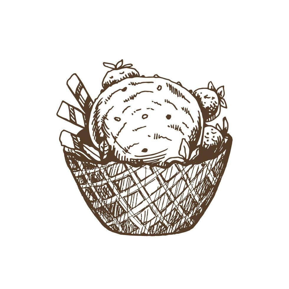 A hand-drawn sketch of a waffle basket with frozen yogurt or soft ice cream with waffle tubes and strawberry. Vintage illustration. Element for the design of labels, packaging and postcards. vector