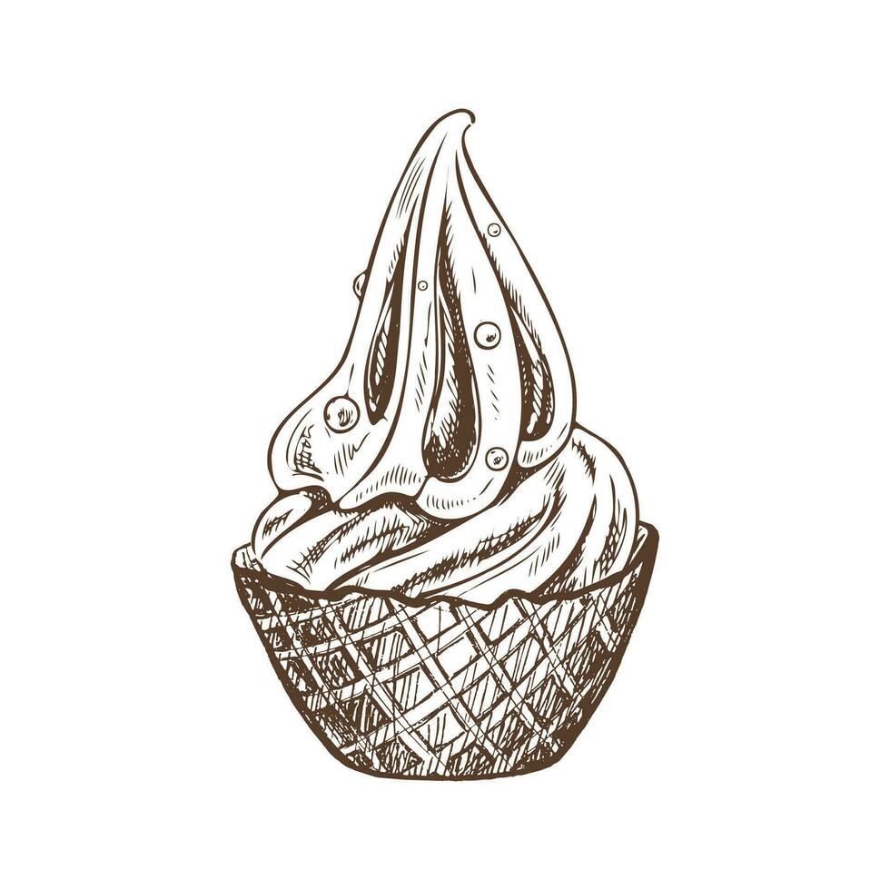 A hand-drawn sketch of a waffle basket with frozen yogurt or soft ice cream  with pastry beads. Vintage illustration. Element for the design of labels,  packaging and postcards. 35193028 Vector Art at