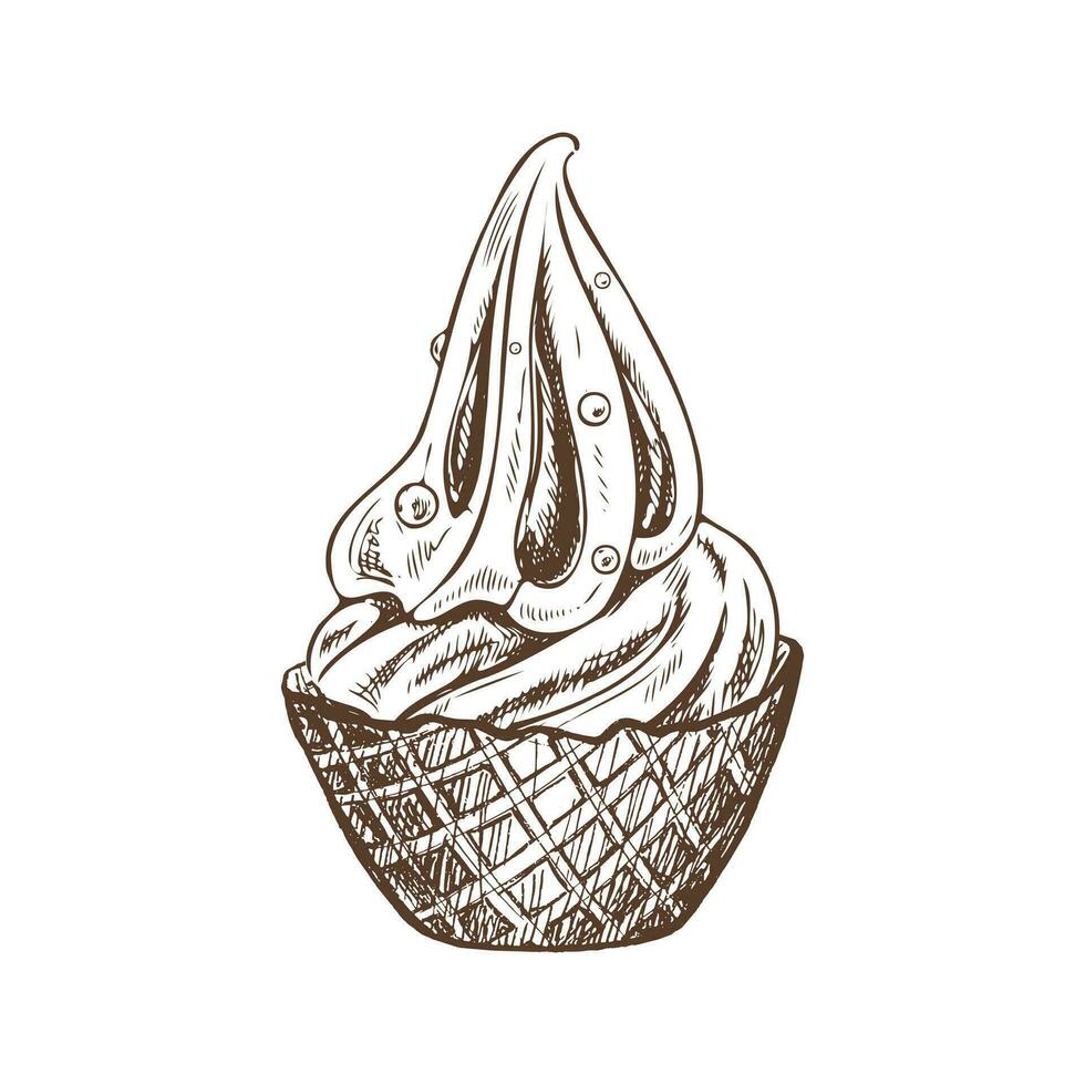 A hand-drawn sketch of a waffle basket with frozen yogurt or soft ice cream with pastry beads. Vintage illustration. Element for the design of labels, packaging and postcards. vector