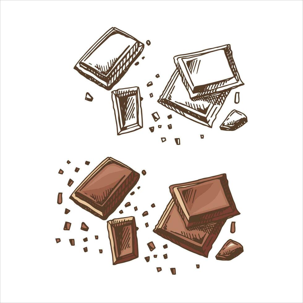 un dibujado a mano de colores amd monocromo bosquejo de piezas de chocolate barras. Clásico ilustración. elemento para el diseño de etiquetas, embalaje y postales vector