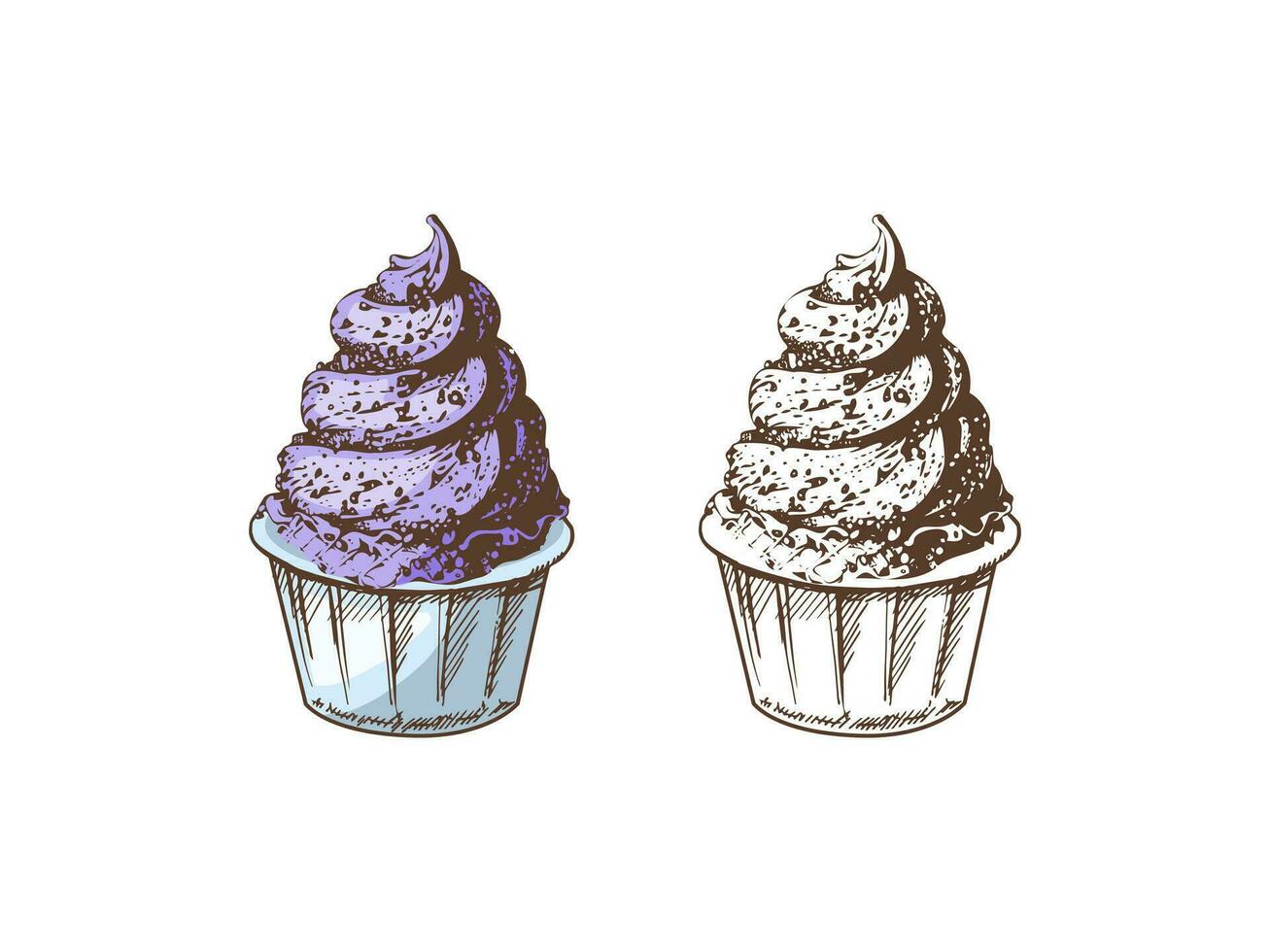 A hand-drawn colored and monochrome sketch of frozen yogurt or soft ice cream, cupcake in a cup. Vintage illustration. Element for the design of labels, packaging and postcards. vector