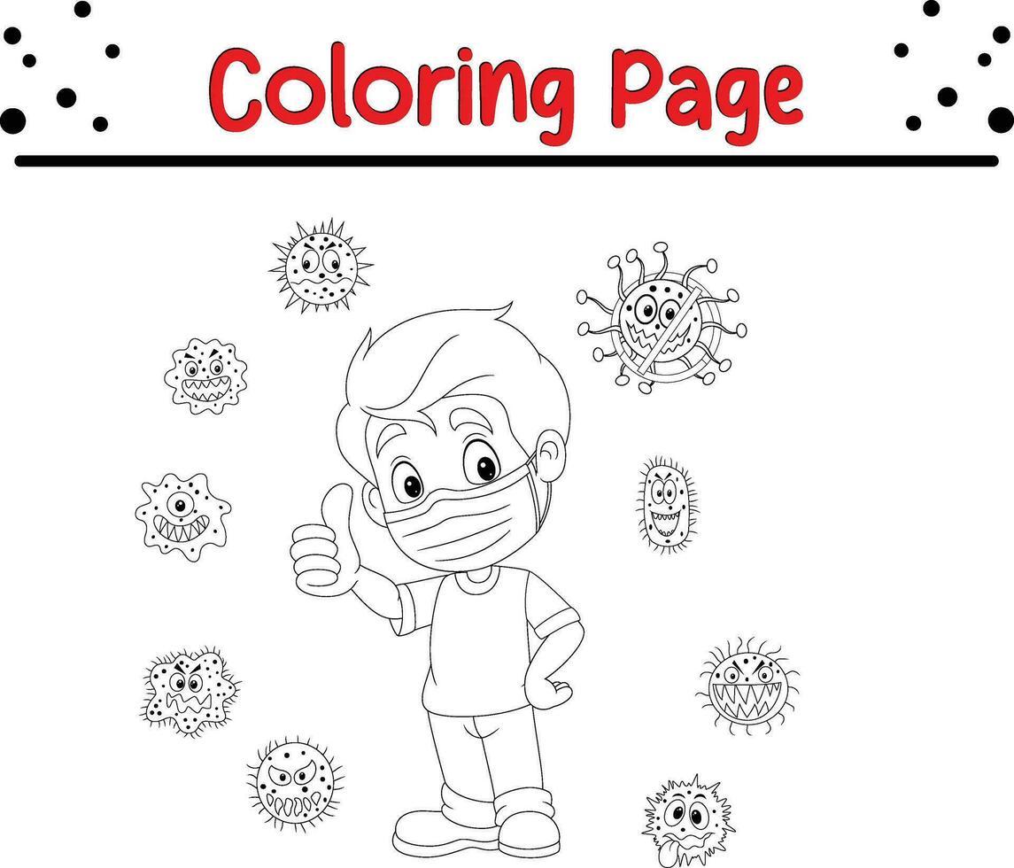 chico con virus bacterias dando pulgar arriba colorante página vector