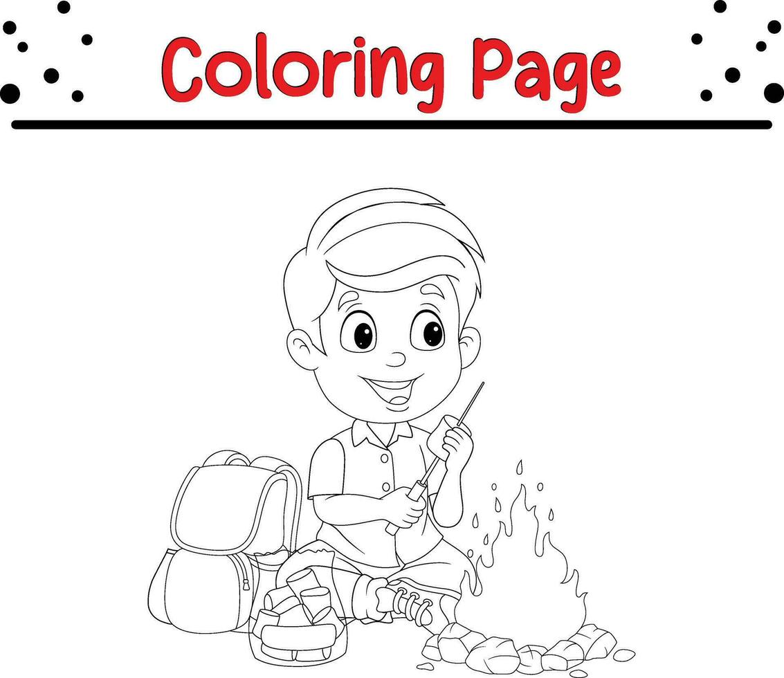 scout boy roasting marshmallow coloring page vector