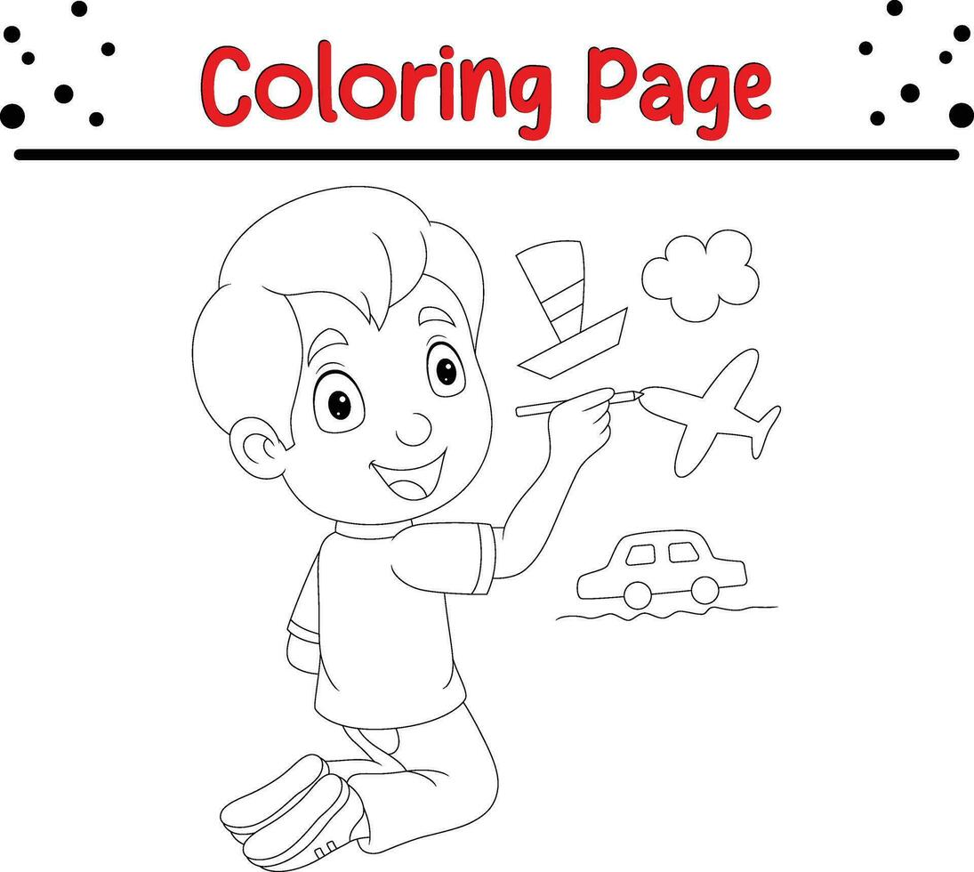 little boy drawing  black and white vector