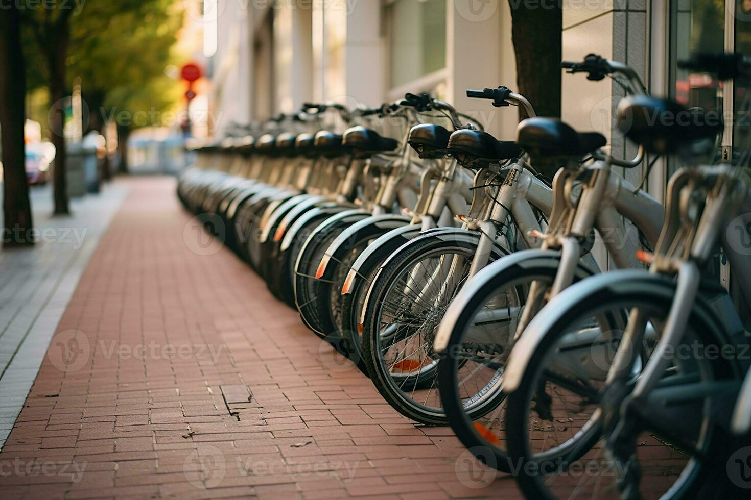 AI generated Row of electric bikes parking in the city. Generative AI. photo