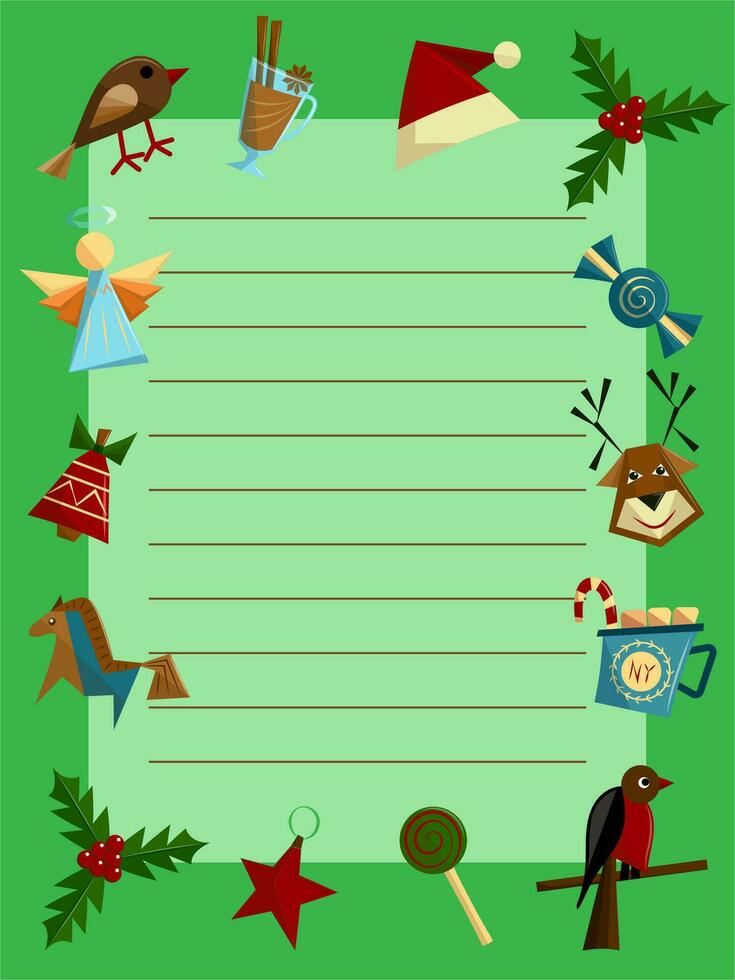 Christmas letter to Santa Claus. Wishing list template, notes. Paper card for Dear Santa. Letter layout with Christmas elements - sharpie, snowfinch, cocoa, reindeer, bell, angel, candy. vector