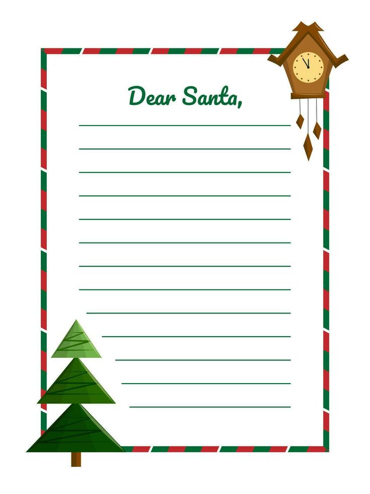 Navidad letra a Papa Noel noel deseando lista plantilla, notas papel tarjeta para querido Papa Noel. letra diseño con Navidad elementos - Navidad árbol y reloj. vector