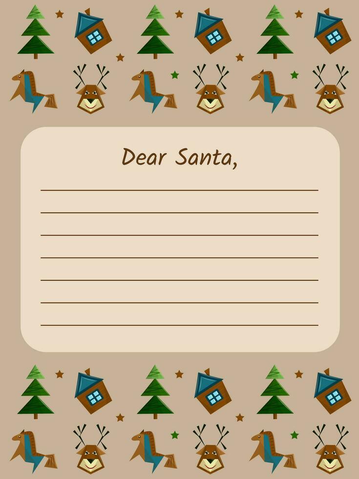 Christmas letter to Santa Claus. Wishing list template, notes. Paper card for Dear Santa. Letter layout with Christmas pattern and Christmas elements. vector