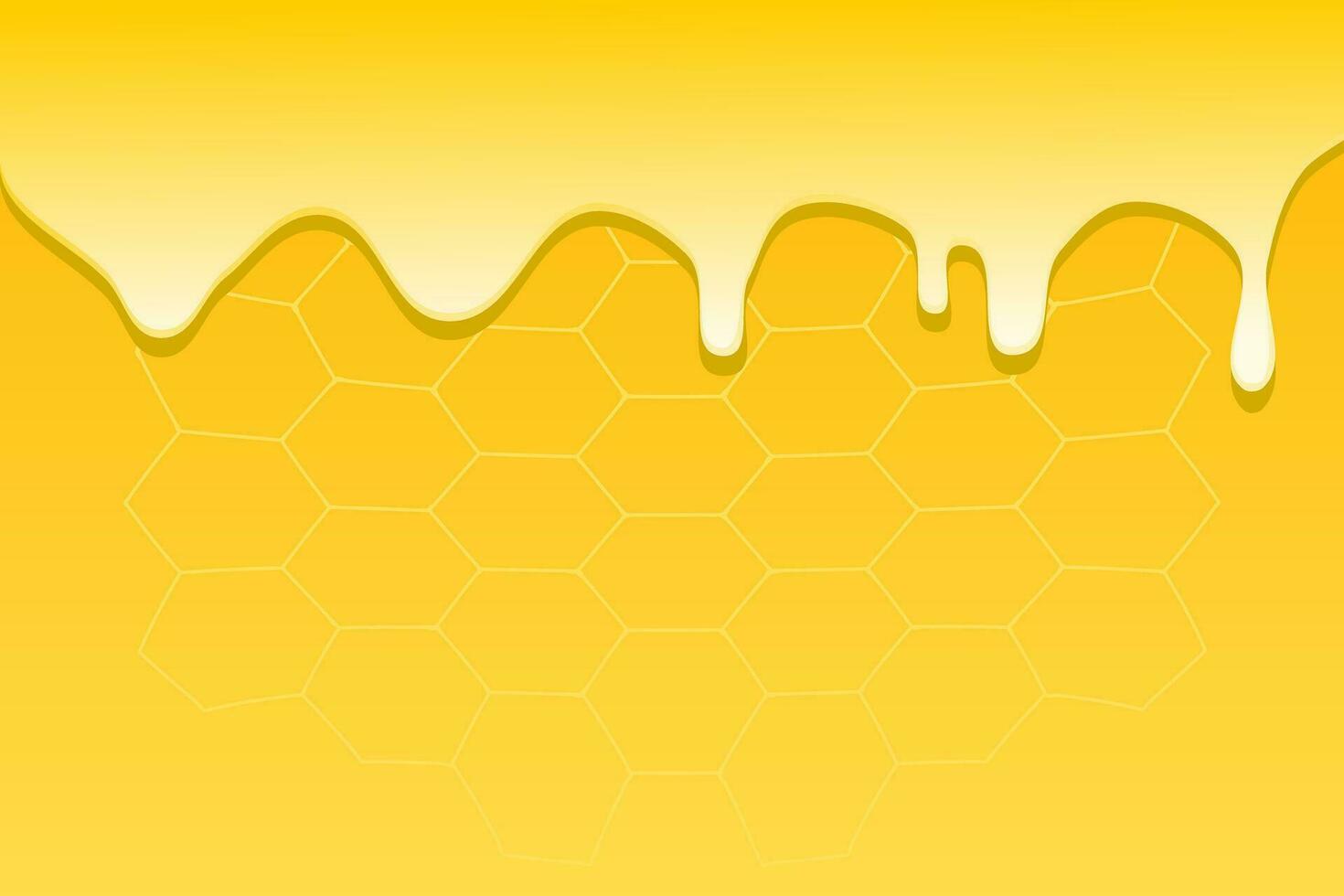 Oil or melted honey on yellow honeycomb background. Dripping honey. Vector illustration.