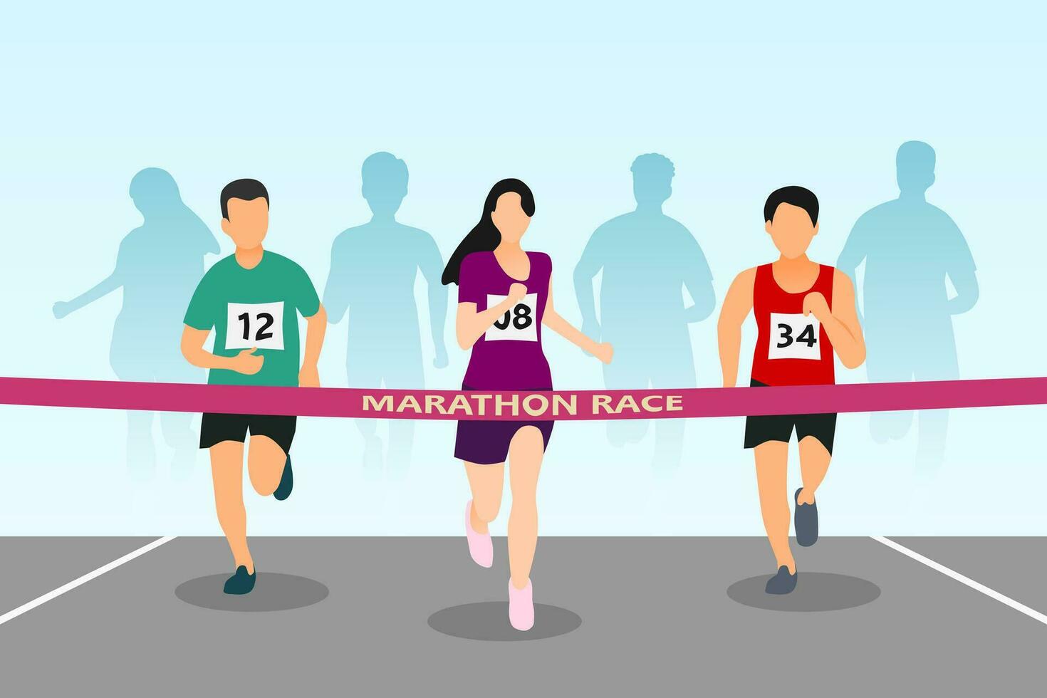 maratón carrera ilustración con personas corriendo y terminar línea. frente vista. vector ilustración.