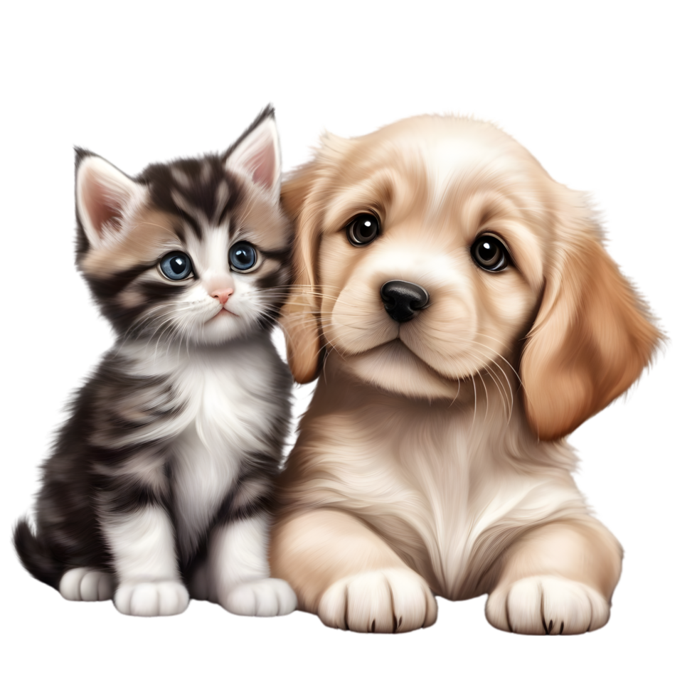 AI generated A close-up image of a cute little kitten and a puppy.   Ai-Generated. png