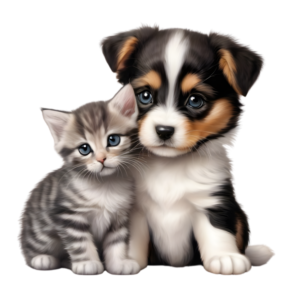 AI generated A close-up image of a cute little kitten and a puppy.   Ai-Generated. png