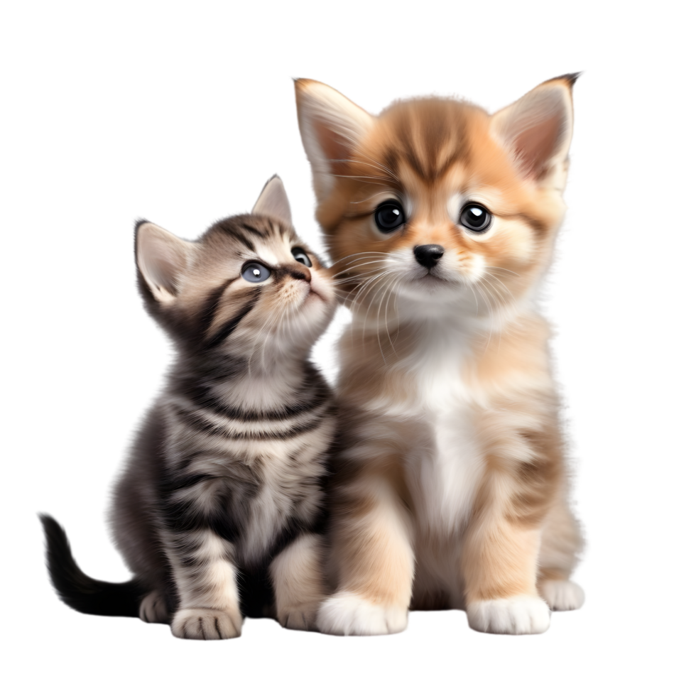 AI generated A close-up image of a cute little kitten and a puppy.   Ai-Generated. png