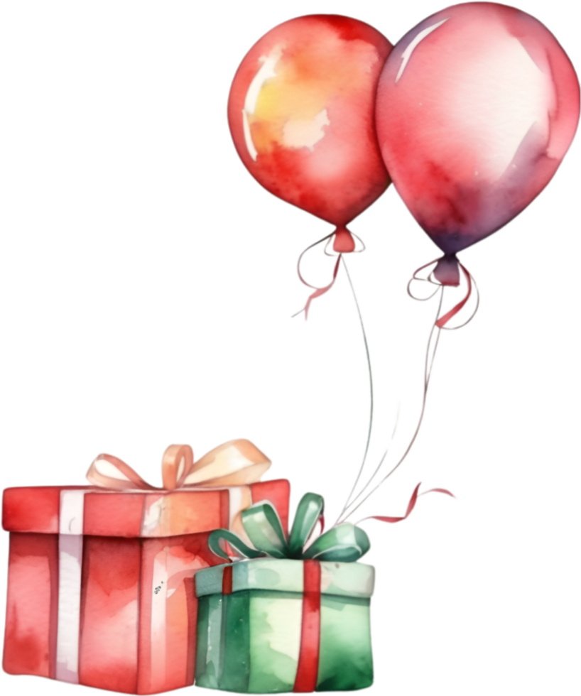 ai generiert Aquarell Gemälde von Weihnachten Geschenke und Luftballons. KI-generiert. png