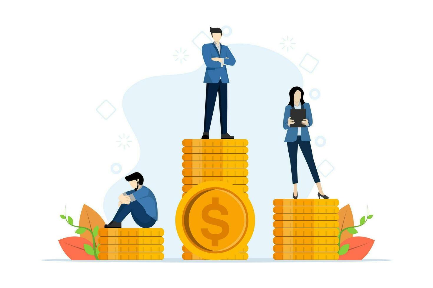 Salary Difference Concept between new employees, managers and superiors or directors. business characters standing with different money or money bags. flat vector illustration on white background.