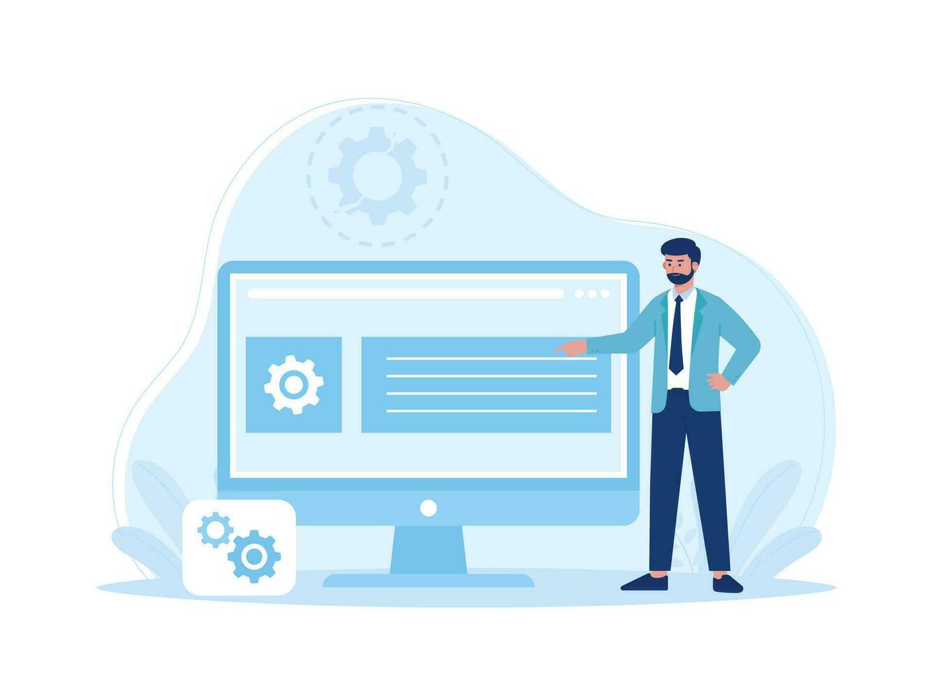 man points to website under construction concept flat illustration vector