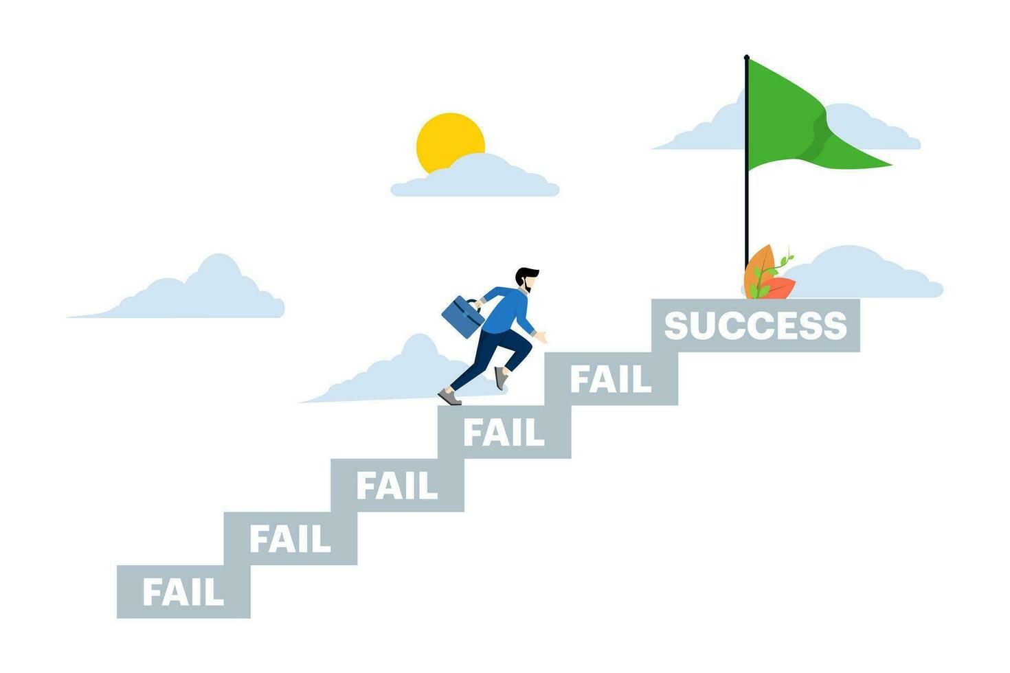 the concept of the ladder to success, business people climb the ladder of failure to the top of the ladder of success, the struggle to reach the peak of their career. flat vector illustration.