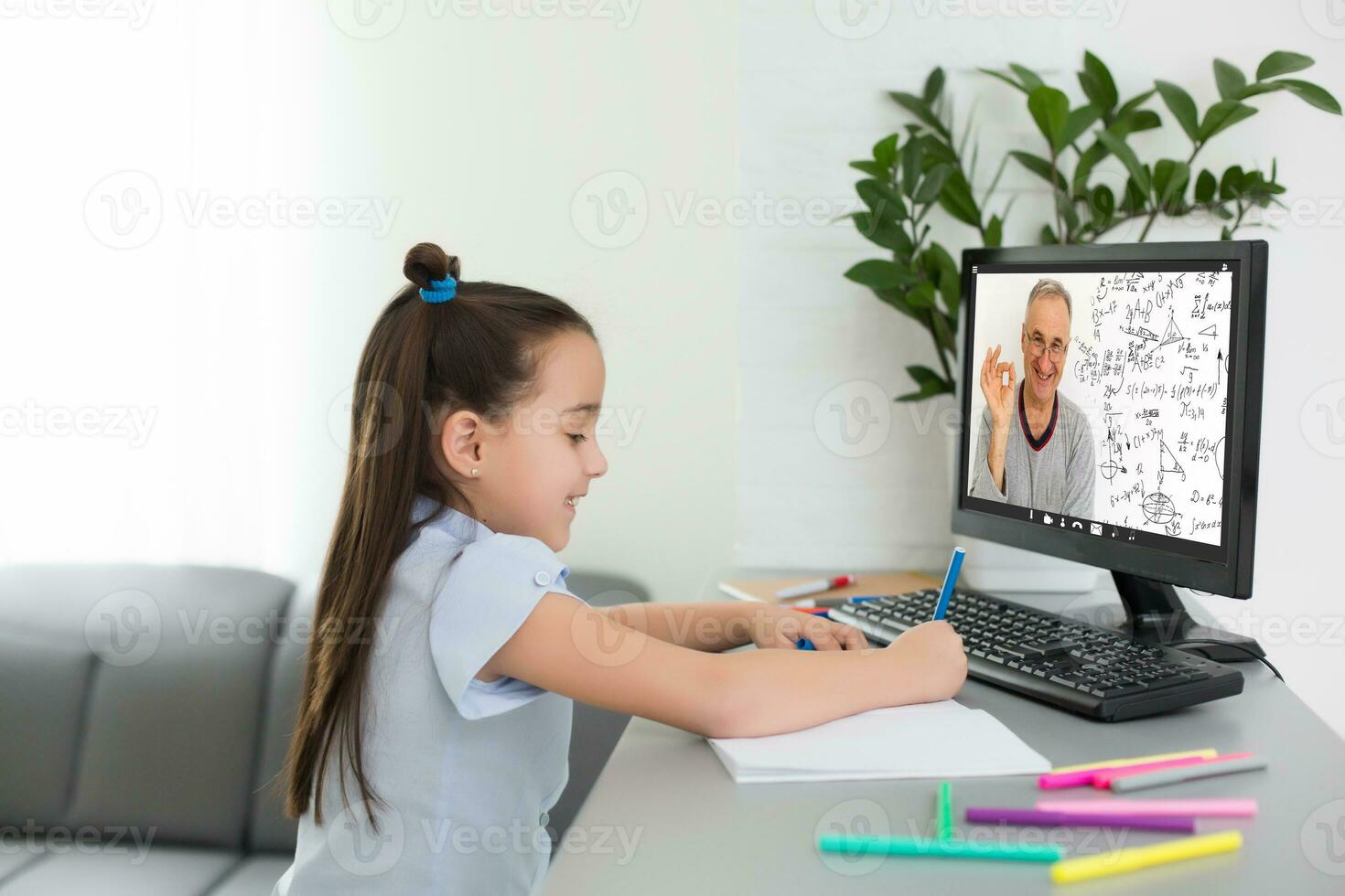 Little Girl Using Computer Concept, distance online learning photo