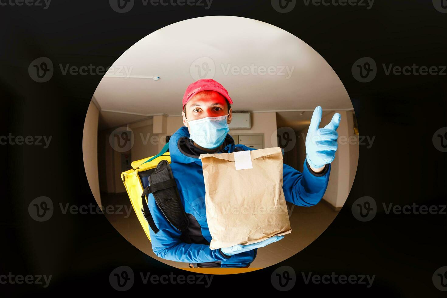 delivery man send food bag at door knob for contactless or contact free from delivery rider in front house for social distancing for infection risk. photo