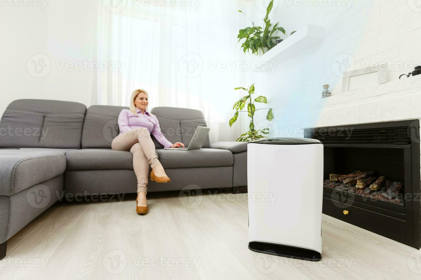 aire purificador en un vivo habitación, mujer trabajando con ordenador portátil con filtrar para limpiar habitación foto