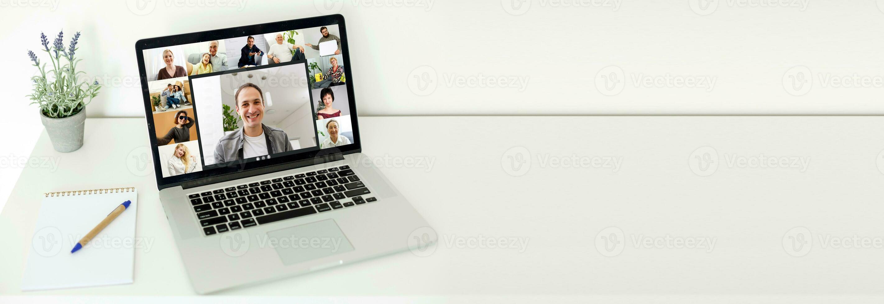 Back view of female employee speak talk on video call with diverse multiracial colleagues on online briefing, woman worker have Webcam group conference with coworkers on modern laptop at home photo