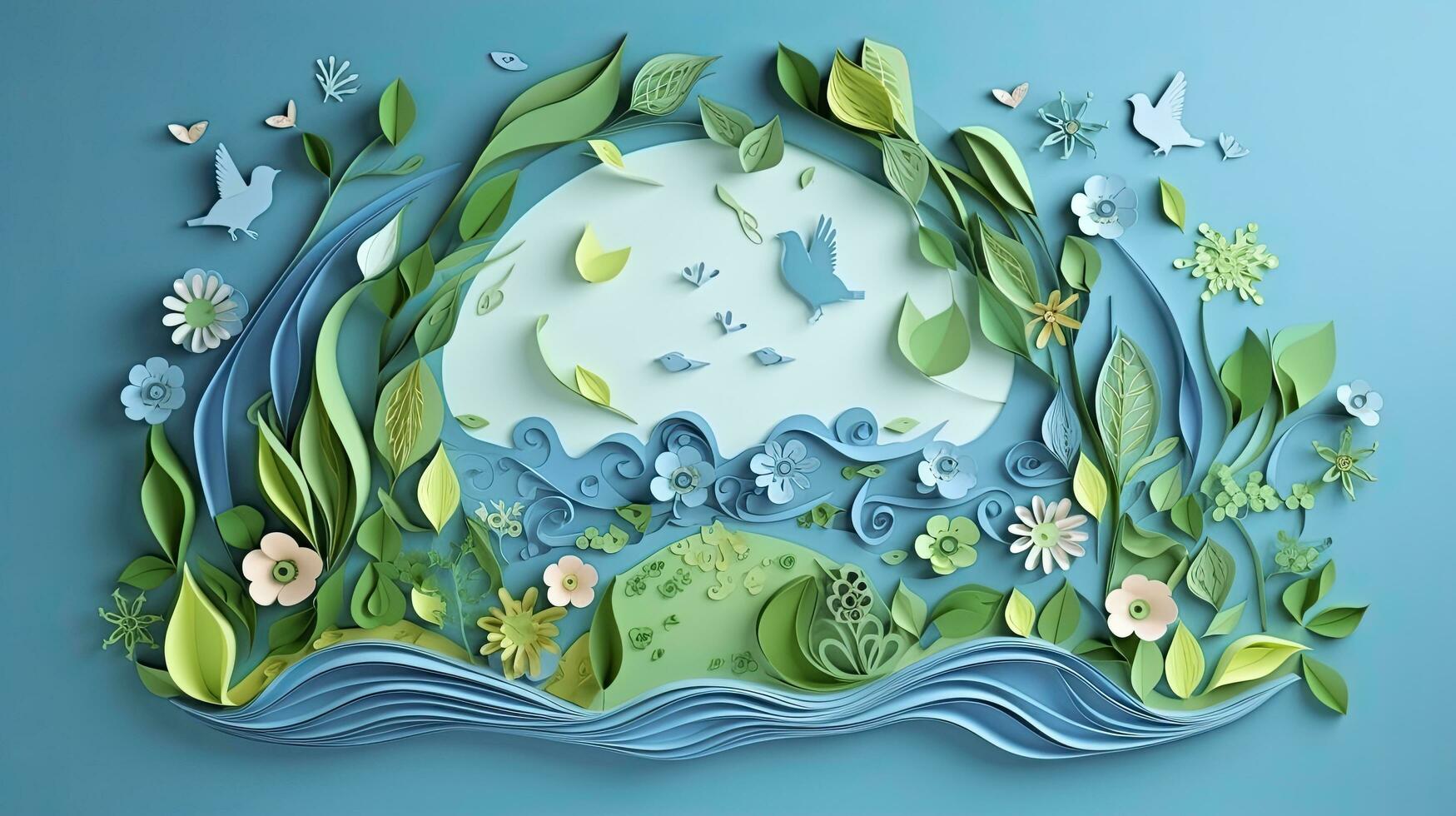 AI generated Earth is Surrounded by Various Trees and Ocean. Celebrating World Earth Day, World Water Day, and Environmental Protection photo