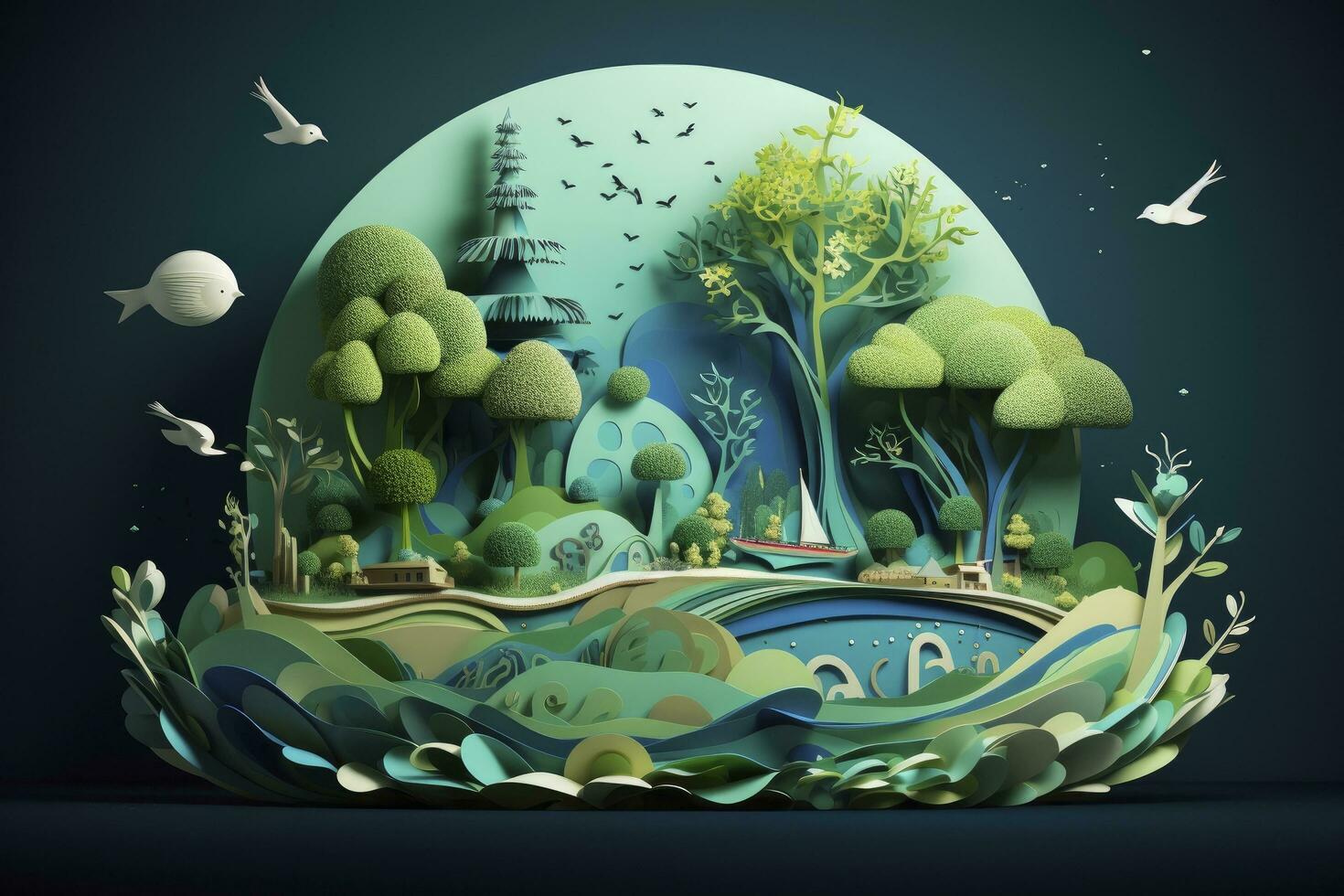 AI generated Earth is Surrounded by Various Trees and Ocean. Celebrating World Earth Day, World Water Day, and Environmental Protection photo