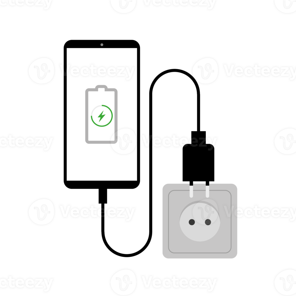 Smartphone charger adapter and electrical outlet, charging battery notification, flat design illustration png