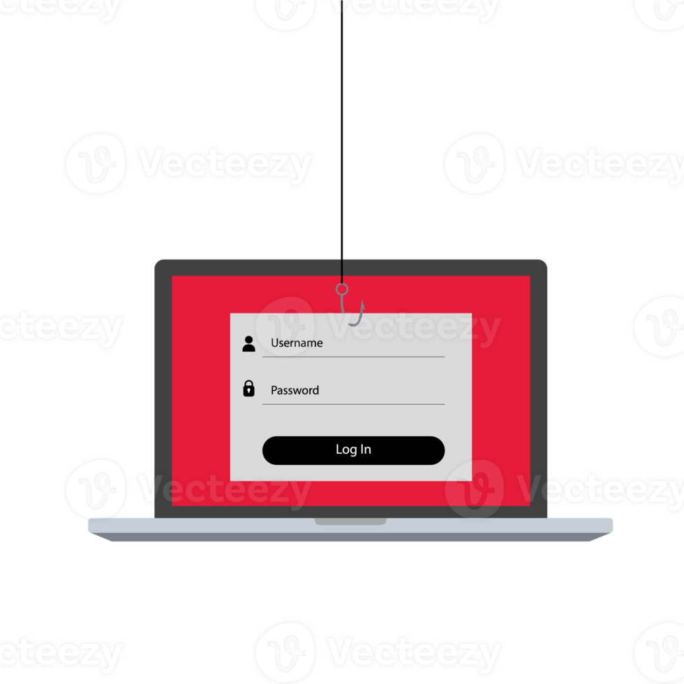 vlak ontwerp concept voor internet misdrijf phising invoeren een account Aan een laptop, visvangst haak png
