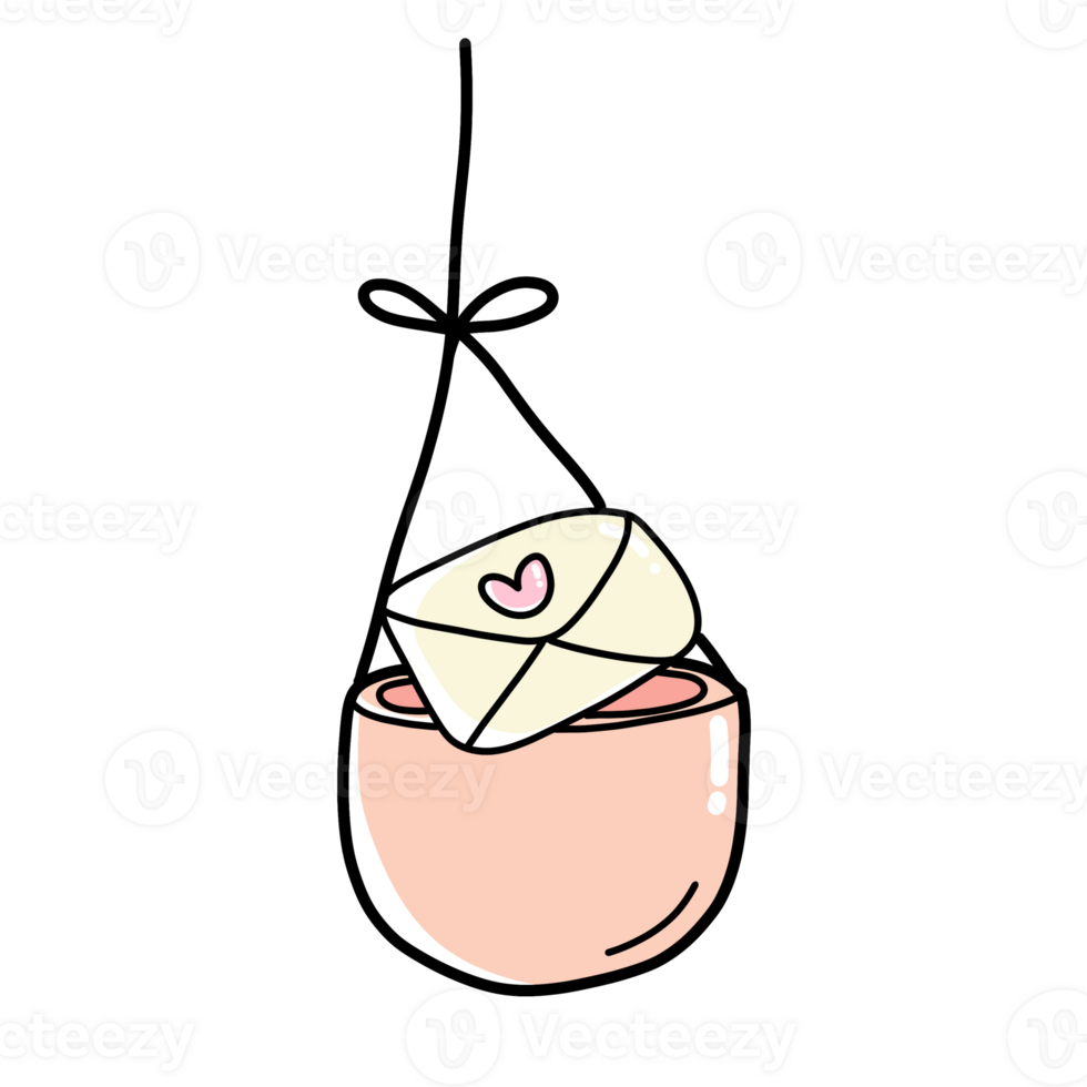 a pink cup with an envelope hanging from a string png