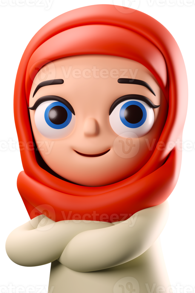 3D rendering muslim woman with hijab arms on chest cartoon character illustration png
