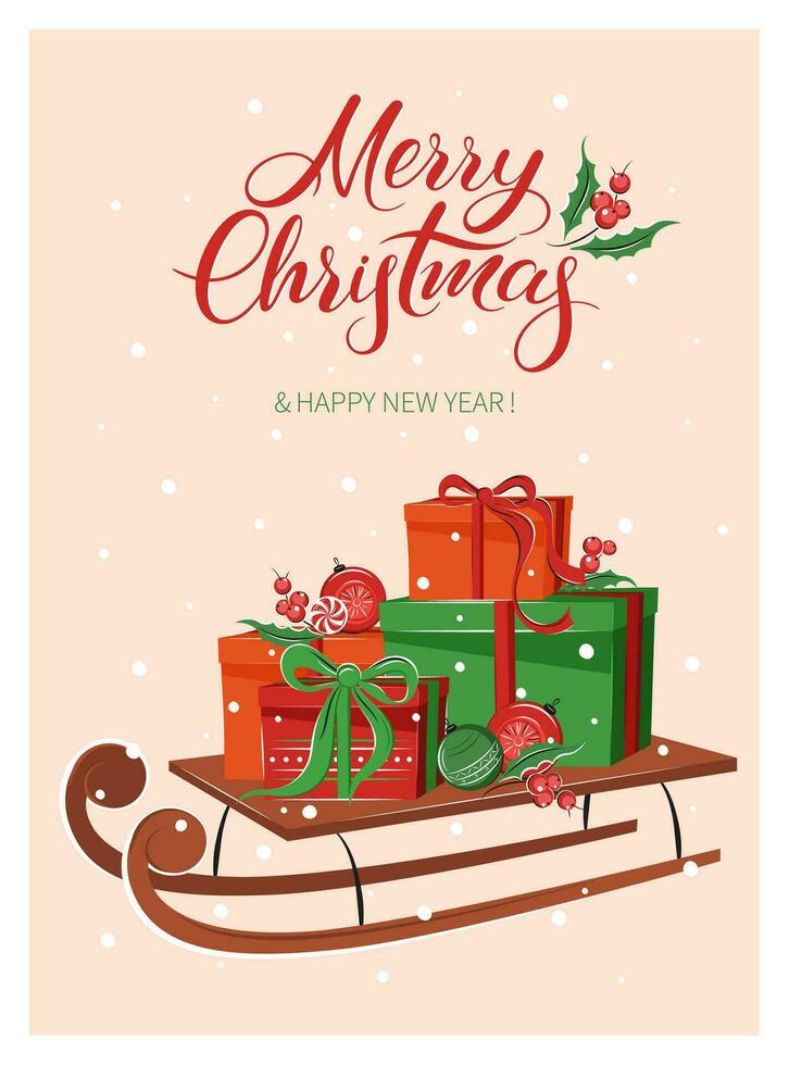 Navidad tarjeta con conjunto regalos, con invierno decoraciones trineo conducir. letras alegre Navidad y nuevo año día festivo. vector ilustración