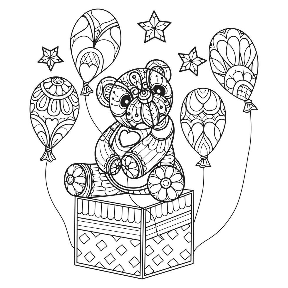 Teddy bear and balloons hand drawn for adult coloring book vector