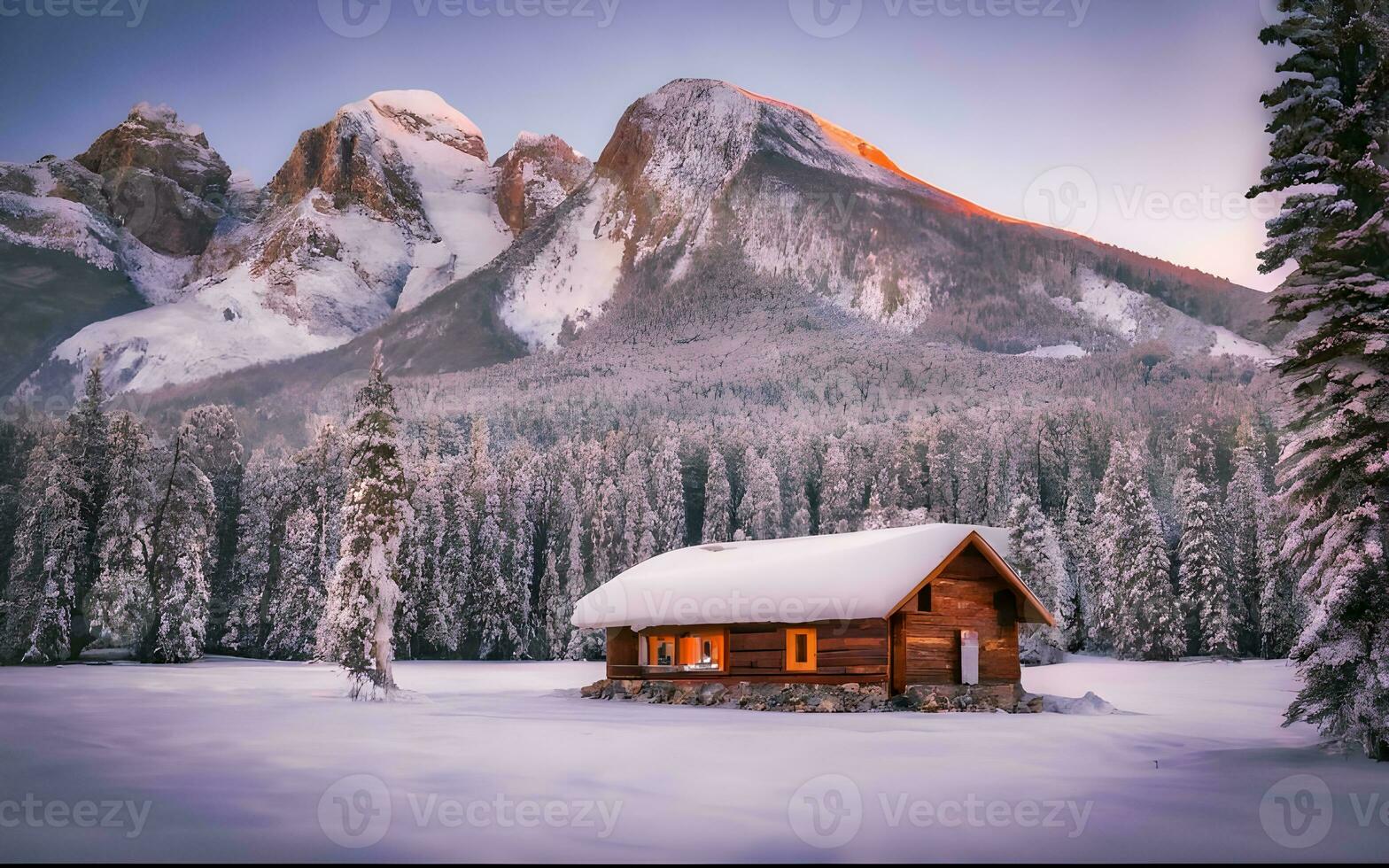 AI generated Winter Wonderland Retreat, A Tranquil Cabin in the Heart of Snowy Majesty photo