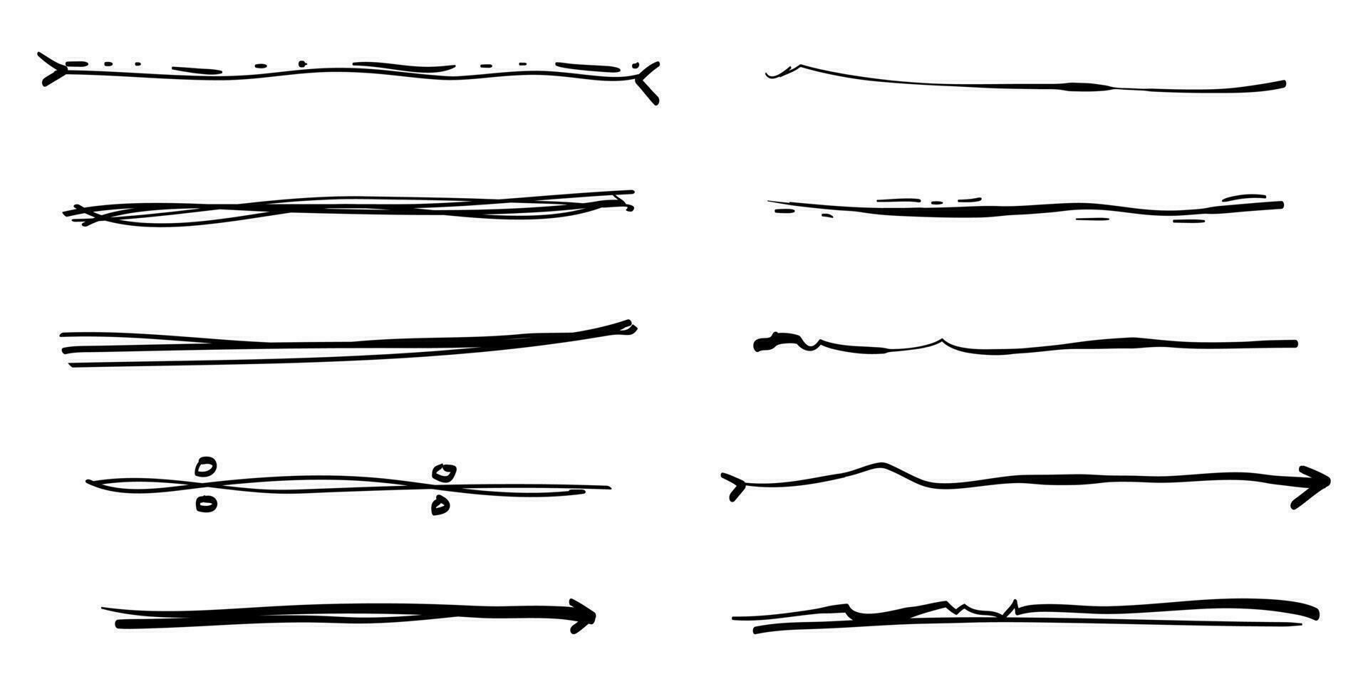 conjunto de mano dibujado divisor líneas. garabatear diseño elemento con subrayar, caracteres decorativos, arremete, remolino. vector ilustración