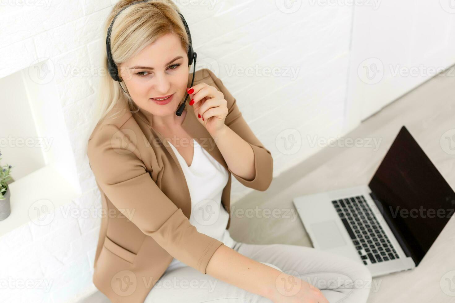 Creative workspace, woman working online on laptop at home photo