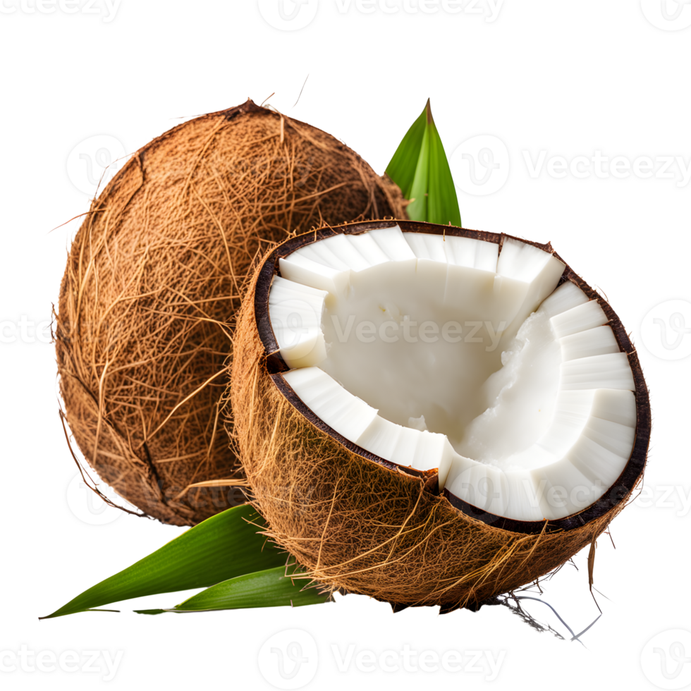 AI generated Coconut with Half and Leaves Isolated on Transparent Background png
