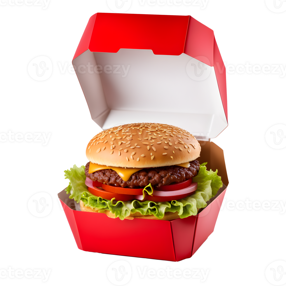AI generated Delicious Hamburger in a Box Isolated on Transparent Background png