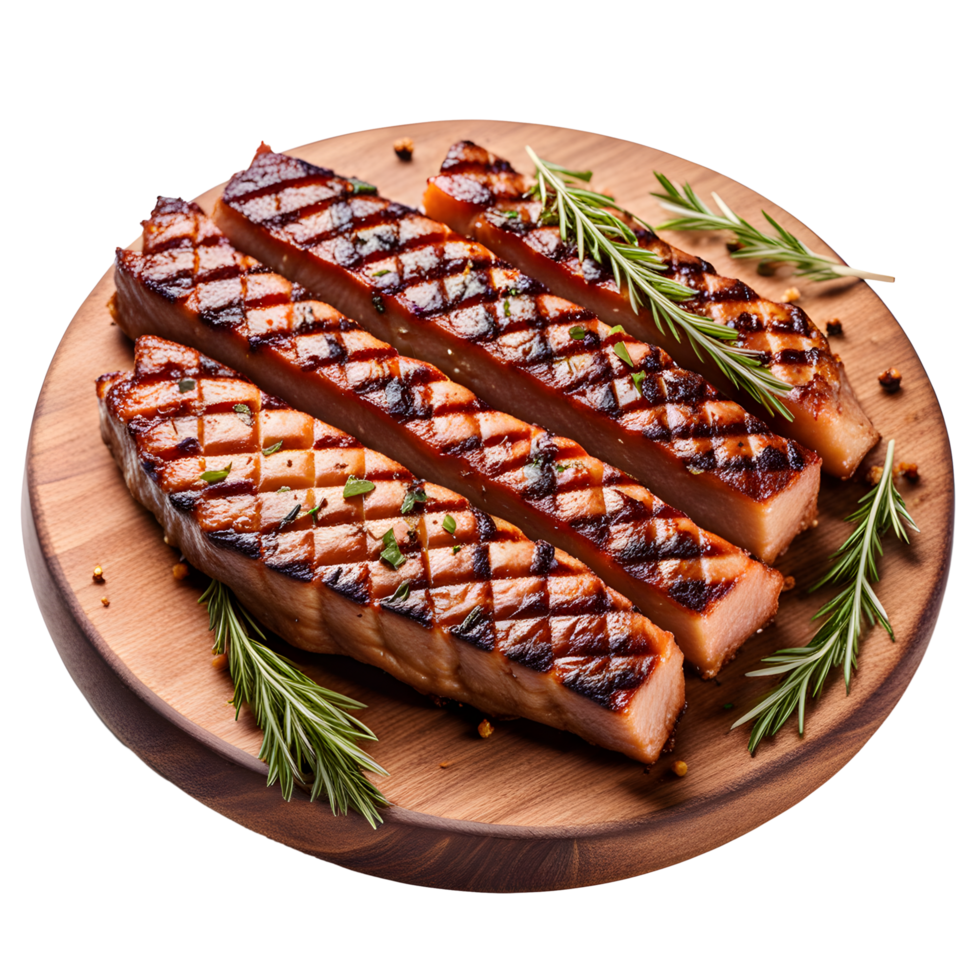 AI generated Grilled Beef Steak in a Wooden Plate Isolated on Transparent Background png
